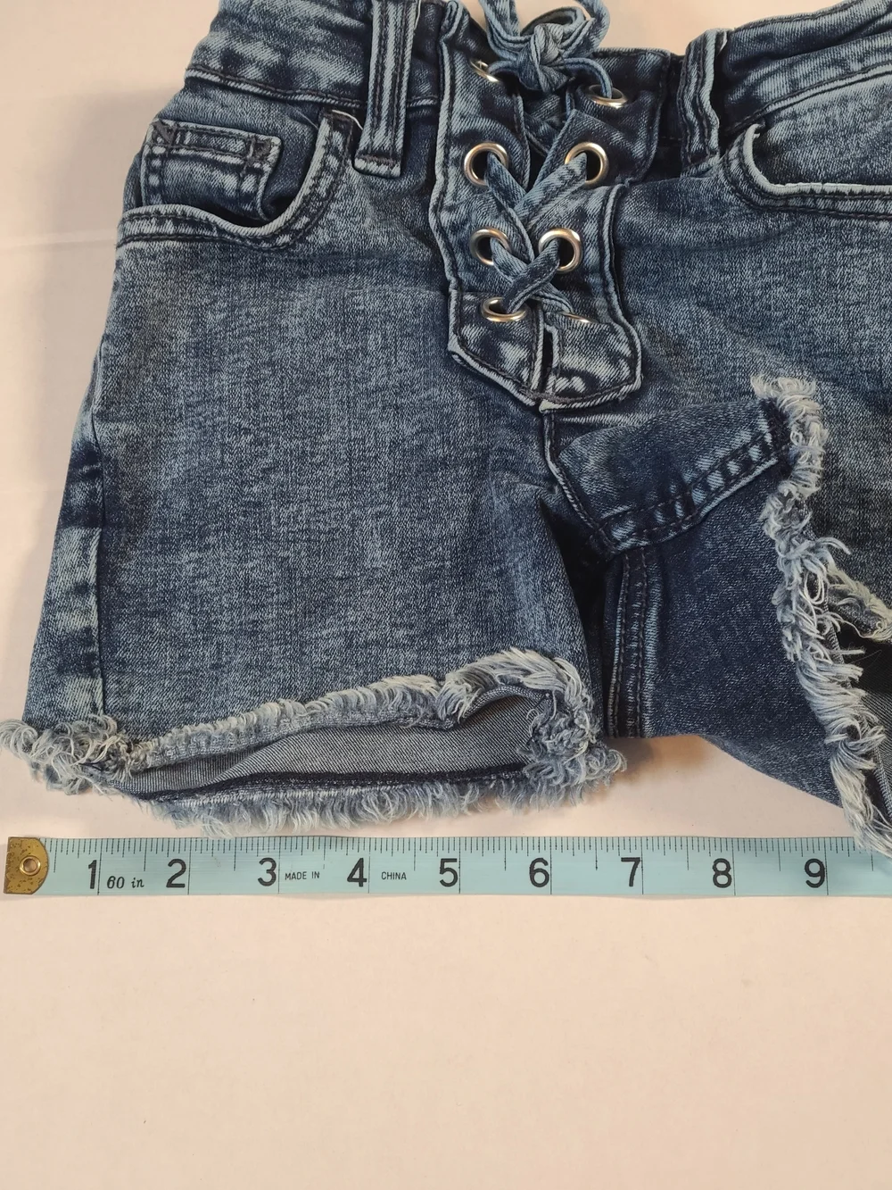 Justice Stylish Lace-Up Frayed Hem Girls Denim Shorts Dark Blue Size 8 Slim EUC
